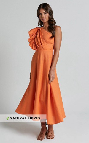 Showpo Dixie Midi Dress - Linen Look One Shoulder Ruffle Dress Orange | BFSZRG218