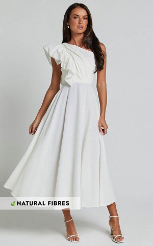 Showpo Dixie Midi Dress - Linen Look One Shoulder Ruffle Dress White | NUDHWO418