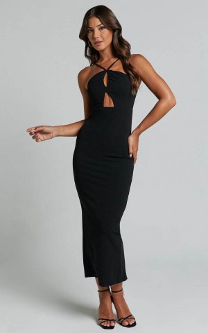 Showpo Dominika Midi Dress - Halter Neck Cut Out Bodycon Dress Black | HYFSGL890