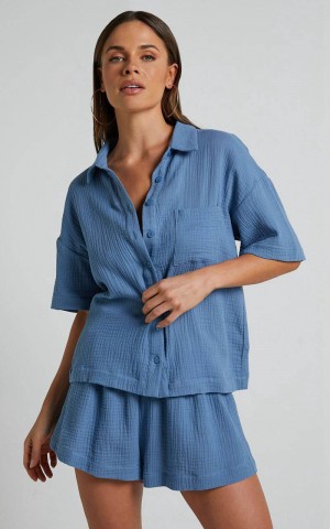 Showpo Donita Top - Button Up Shirt Top Azure Blue | KPQYML354