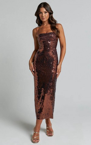 Showpo Dorice Midi Dress - Strappy Straight Neck Square Sequin Dress Chocolate | WTUDSK965