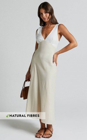 Showpo Dovie Midi Dress - Linen Look V Neck Low Back Cut Out Flare Dress Beige And White | NIYMQR135