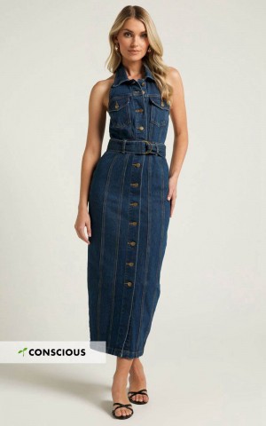 Showpo Dubai Denim Midi Dress - Sleeveless Collared Halter Neck Dark Wash | MKXOCV325