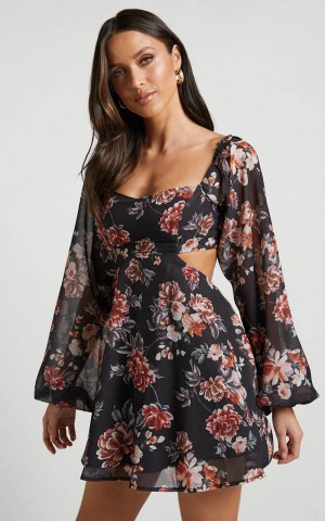 Showpo Ebonee Mini Dress - Puff Sleeve Cut Out Dress Noir Floral | HUBEGK293