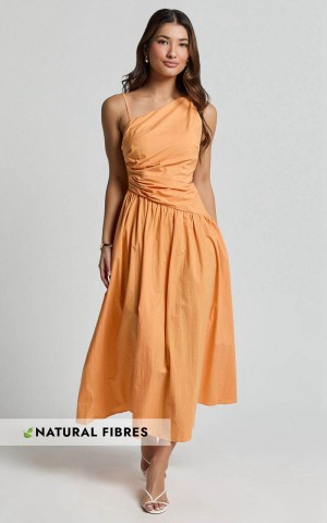 Showpo Ebony Midi Dress - Asymmetrical Cut Out Dress Orange | BZAMUD347