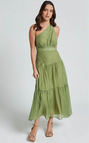 Showpo Edeline Midi Dress - One Shoulder Twist Tiered Dress Olive | QGRLWM216