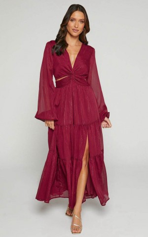 Showpo Edelyn Midi Dress - Cut Out Balloon Sleeve Tiered Dress Burgundy | GYRPJI285