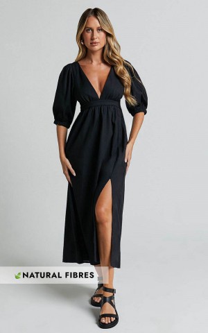 Showpo Eidie Midi Dress - Linen Look Puff Sleeve Open Tie Back Flare Dress Black | LBNZEW564