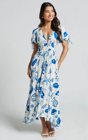 Showpo Eleanor Midi Dress - V Neck Short Puff Sleeve Dress Blue Print | YPEFGD723