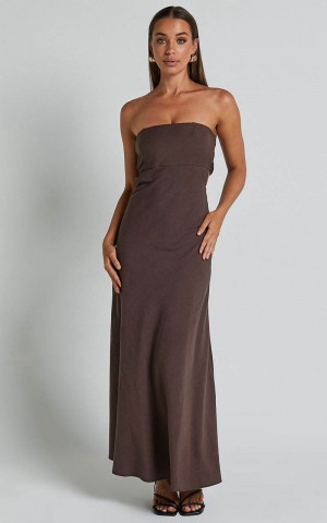 Showpo Elerie Maxi Dress - Strapless Linen Dress Chocolate | YGVOBD024