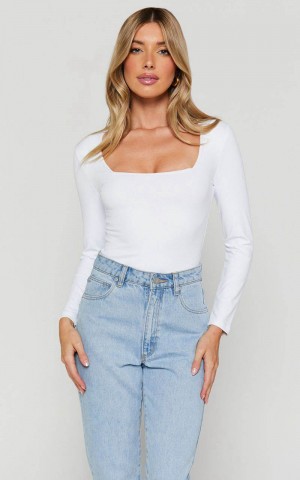 Showpo Elia Bodysuit - Square Neck Long Sleeve Bodysuit White | KCODBX250