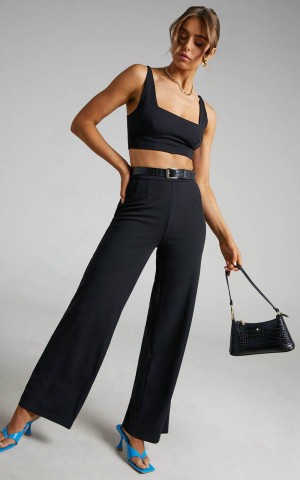 Showpo Elibeth Two Piece Set - Crop Top And High Waisted Wide Leg Pants Set Black | TQLHYN170