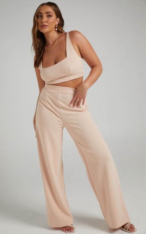 Showpo Elibeth Two Piece Set - Crop Top And High Waisted Wide Leg Pants Set Beige | ORLDUB089