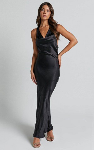 Showpo Elise Midi Dress - Cowl Neck Satin Dress Black | LQEJRG243