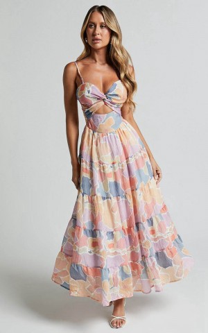 Showpo Elizabeth Maxi Dress - Tie Strap Cut Out Front Tiered Dress Print | YEZVWR215