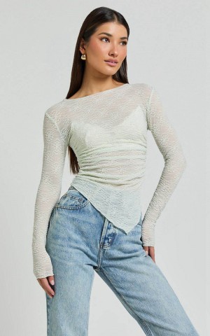 Showpo Ellie Top - Asymmetrical Sheer Lace Top Silver Sage | RFWUMI265