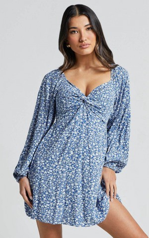 Showpo Ellison Mini Dress - 3/4 Sleeve Twist Bodice Dress Blue Floral | ASPTED036