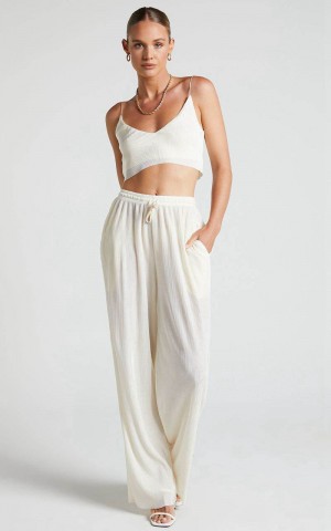 Showpo Elowen Two Piece Set - Plisse Crop Top And Relaxed Wide Leg Pants Set Cream | FECAPX380