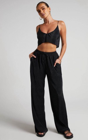 Showpo Elowen Two Piece Set - Plisse Crop Top And Relaxed Wide Leg Pants Set Black | NUICWX293