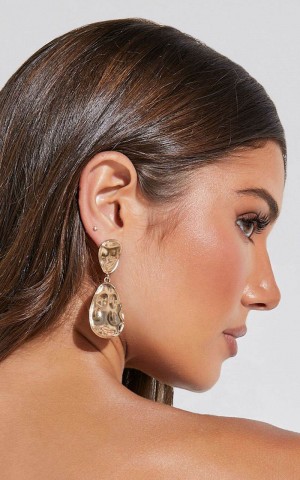 Showpo Elsie Earrings - Textured Double Detail Drop Earrings Gold | IQRNXO168