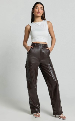 Showpo Elviera Pants - High Waisted Faux Leather Cargo Pants Dark Chocolate | SRAZBU549