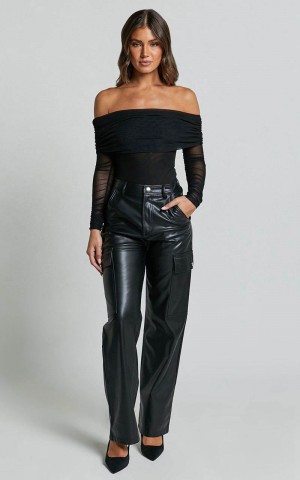 Showpo Elviera Pants - High Waisted Faux Leather Cargo Pants Black | NAPQIR306