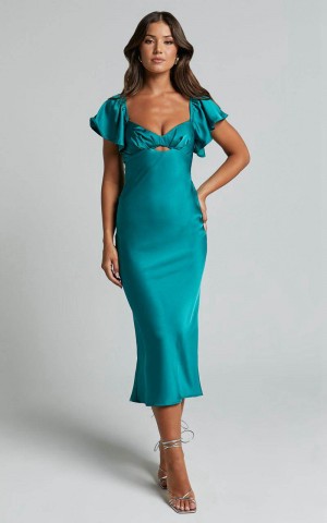 Showpo Emberlynn Midi Dress - Flutter Sleeve Cut Out Satin Dress Teal | IYWAMB749