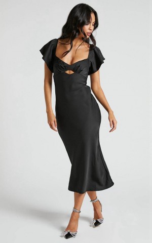 Showpo Emberlynn Midi Dress - Flutter Sleeve Cut Out Satin Dress Black | KSYWLM562