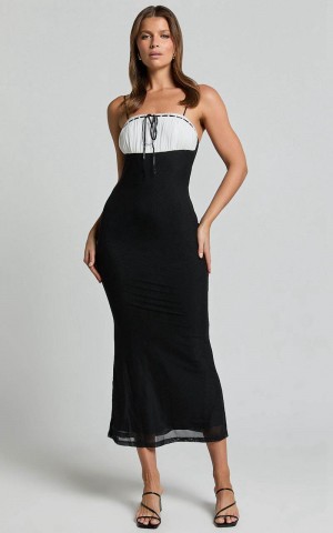 Showpo Emelia Midi Dress - Strappy Straight Neck Ruched Bust Dress Black | SPMQVE061