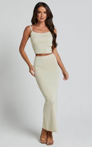 Showpo Emilea Knitted Two Piece Set - Knitted Strappy Crop Top And Midi Skirt Set Stone | IGZUWX728