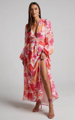 Showpo Emilee Midi Dress - Side Cut Out Long Sleeve Plunge Dress Pink Floral | FUVJKG506