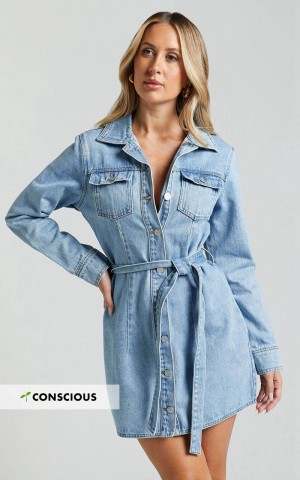 Showpo Enriquetta Mini Dress - Cotton Denim Long Sleeve Button Up Dress Mid Blue Wash | BJNGIV925