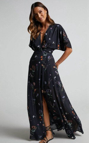 Showpo Erenza Maxi Dress - Extended Sleeve Wrap Dress Black Flower Field | BFOJWI192