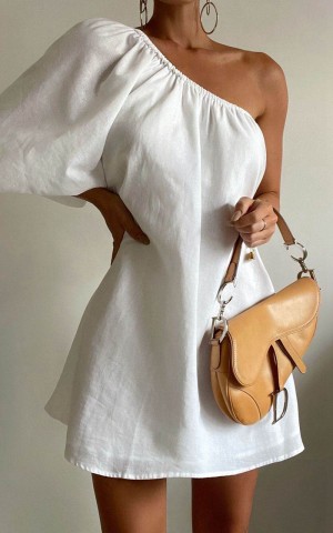 Showpo Estella Mini Dress - One Shoulder Puff Sleeve Shift Dress White | XOYIZE120