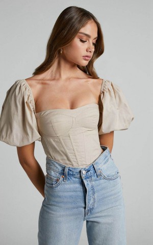 Showpo Estella Top - Puff Sleeve Corset Bustier Top Sand | GJULKC521