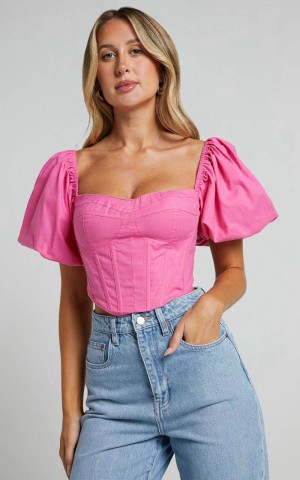 Showpo Estella Top - Puff Sleeve Corset Bustier Top Pink | UTWDNF560