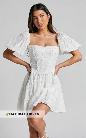 Showpo Esthela Mini Dress - Embroidered Square Neck Short Puff Sleeve Corset White Floral | KUAMFT065