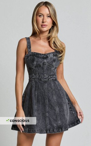 Showpo Estonia Mini Dress - Denim Dress Washed Black | RWCBPT436