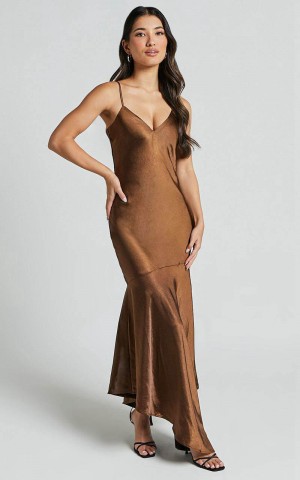 Showpo Etienne Midi Dress - Asymmetric Hem Satin Slip Dress Chocolate | BUAWTE189