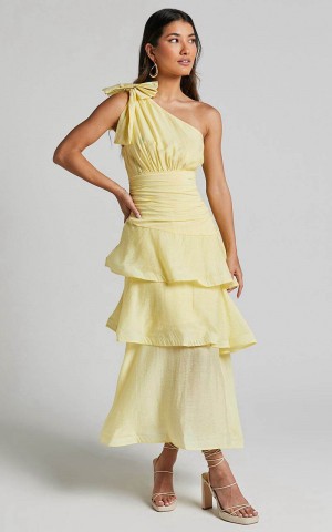 Showpo Eugenia Midi Dress - One Shoulder Fit And Flare Layered Dress Yellow | ZCIDXA890