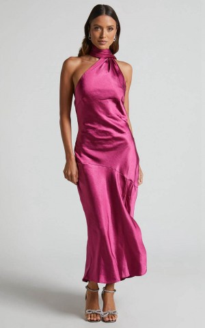 Showpo Evana Midi Dress - High Asymmetrical Neck Satin Slip Dress Fuschia | MAFYZP628