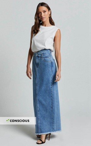 Showpo Evelyn Maxi Skirt - High Asymmetrical Waist Frayed Hem Denim Skirt Mid Blue Wash | IKWVJX510