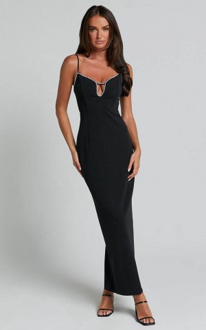 Showpo Felicity Midi Dress - Plunge Diamante Detail Dress Black | HVPXZE062