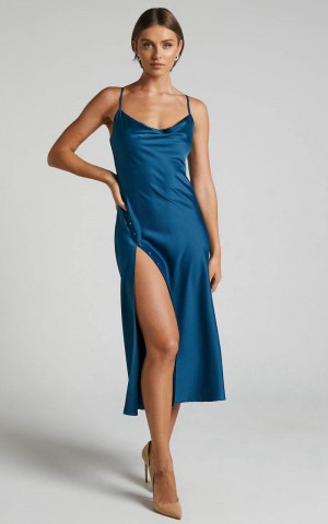 Showpo Flordeliza Midi Dress - Cowl Neck Thigh Slit Slip Dress Steel Blue | CLKVEJ785