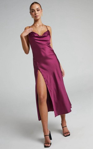 Showpo Flordeliza Midi Dress - Cowl Neck Thigh Slit Slip Dress Magenta | FGWKUM087