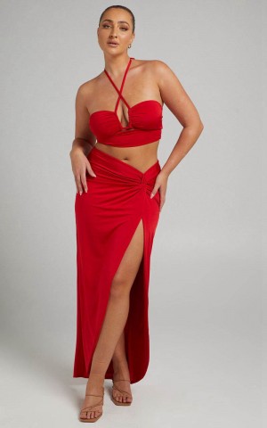 Showpo Forrest Two Piece Set - Halter Neck Top And Twist Midi Skirt Set Red | KOTNQZ487