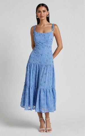 Showpo Francesca Midi Dress - Tie Shoulder Tiered Embroided Dress Cornflower Blue | NGHWAB210