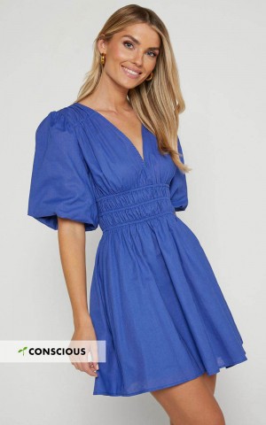 Showpo Francesca V Neck Puff Sleeves Mini Dress Cornflower Blue | MZUXLB640