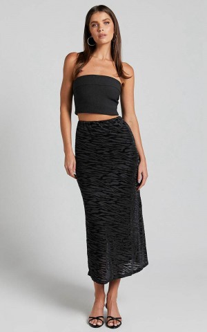 Showpo Frankie Midi Skirt - Burn Out Velvet High Waisted Slip Skirt Black | LQCRTZ197