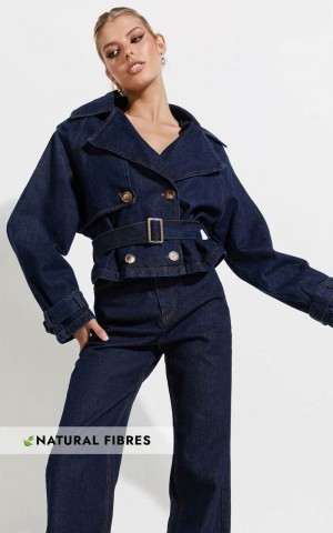 Showpo Gabrielle Trench Coat - Tie Waist Cropped Denim Coat Indigo | KRJXZD614